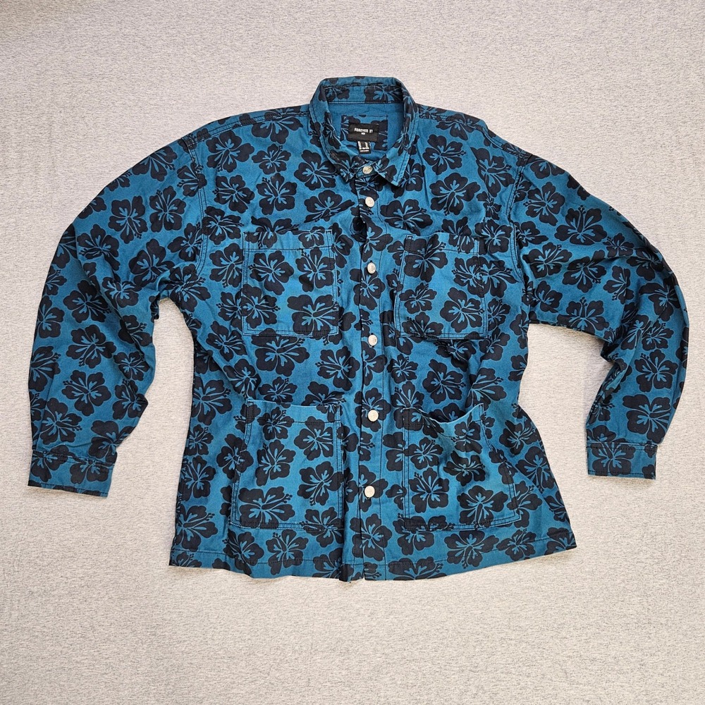 Forever 21 Mens Teal Blue Hibiscus Floral Cotton Canvas Chore Coat Jacket XL